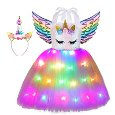 Viyorshop girl Unicorn costume Unicorn Tutu Dress Rainbow LED Light Up Birthday Party Outfit for Halloween Party costumes (sequins, 3-4T)