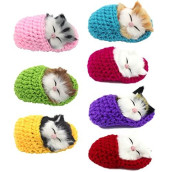 Coolayoung 7Pcs Sleeping Cat in Slipper Doll Toy, Mini Kitten in Shoe with Meows Sounds Decor Hand Toy Gift for Kids Boys Girls