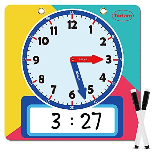 Magnetic Writable Dry Erase Learning Clock | Clock for Kids Learning to Tell Time | Large 12" Demonstration Teaching Time Practice Clock with Dry Erase Writing Surface | Pen Included | (Rainbow)