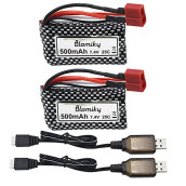 Blomiky 2 Pack 7.4V 500mAh 2S Li-ion 10C Rechargeable Battery with Deans T Plug and Cable for BEZGAR 5 HM162 HM161 and 9145 1:20 Scale Remote Control Truck RC Cars 9135 Pro Battery T 2