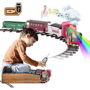 Train Set, Updated Chargeable Remote Control Electric Train Toy for Boys Girls w/Smokes, Lights & Sound, Railway Kits w/Steam Locomotive Engine, Cargo Cars & Tracks, for 3 4 5 6 7 8+ Year Old Kids