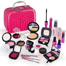 JOANNELEE Pretend Kids Fake Play Makeup Kit for Little Girls Princess, 21 Pcs Toddler Face Paint Play Game Beauty Toy Set with Cosmetic Kit Bag for Birthday Party Dress Up Gift, Pink, 7L*3W*5H inch