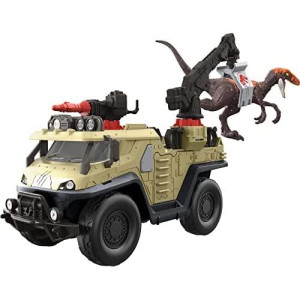 Jurassic World Dominion Capture and Crush Truck with Velociraptor Dinosaur Figure, Toy Vehicle with Tranquilizer, Crane and 2 Breakaways, Gift with Physical and Digital Play