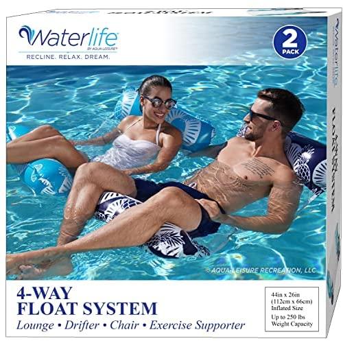 Waterlife 4-in-1 Pool Hammock 2-Pack, Inflatable Pool Chair Float, Water Hammock (Saddle, Lounge Chair, Hammock, Drifter), Navy & Light Blue, 2 Count (Pack of 1)