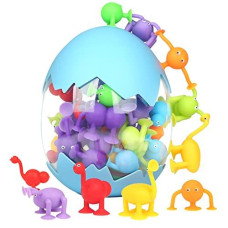 Suction Toys, 40 Pcs Kids Bath Toys Sensory Toys for 3 4 5 6 7 Year Old Boys Girls Stress Release Toys Travel Toys Suction Cup Toys Silicone Animal Sucker Toys with Dinosaur Eggshell Storage