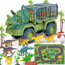 Dinosaur Transport Truck Playset, Large Size Triceratops Vehicle Carrier Car Toys for 3 4 5 6 7 8 9 10 Years Old Boys Girls Kids Gifts, Monster Truck with 12 Dino Figures & Play Mat