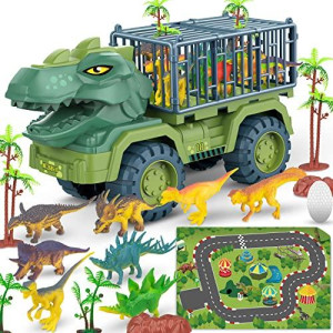 Dinosaur Transport Truck Playset, Large Size Tyrannosaurus Vehicle Carrier Car Toys for 3 4 5 6 7 8 9 10 Years Old Boys Girls Kids Gifts, Monster Truck with 12 Dino Figures & Play Mat