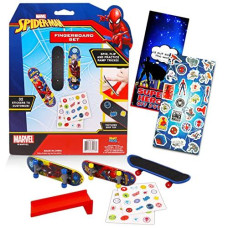Marvel Spiderman Fingerboard Toy Set ~ 3 Pc Bundle with Marvel Spiderman Finger Skateboard for Kids, Spiderman Stickers, and Door Hanger (Superhero Party Favors)