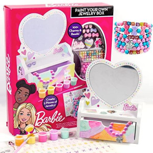 Barbie Paint Your Own Jewelry Box, customize A Heart-Shaped Vanity & Jewelry Box with Acrylic Paints, create 5 Pieces of Jewelry, 100+ charms & Beads, Bead Kit for Kids Ages 5, 6, 7, 8