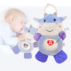 Baby Plush Bull Teething Toys, Car Seat Toys with Teether, Rattle, Music and Light, Crib Toys for Infants 0-6 Months, Stroller Toys for Baby Girl Boy