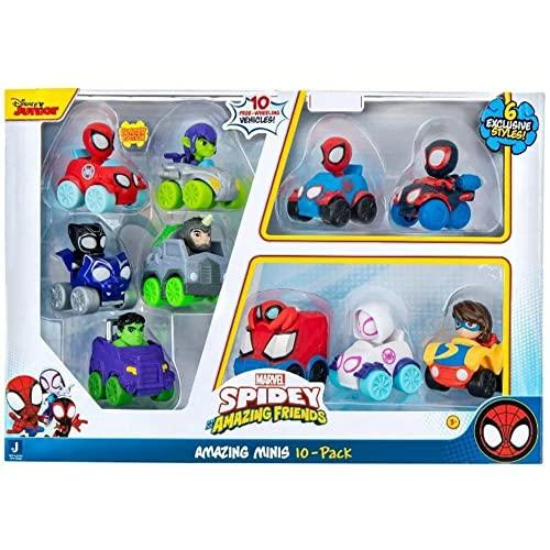Spidey and his Amazing Friends SNF0046 10-Pack-2 Mini Vehicle Assortment Including, Ghost Spider, Miles, Hulk, and More-Toys Featuring Your Friendly Neighbourhood Spideys, Multi