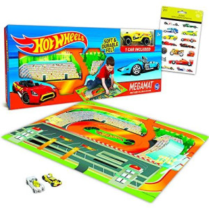 Hot Wheels Kids Hot Wheels Mega Mat with Vehicle - Bundle with Hot Wheels Playmat with Vehicle and 4 Racecar Sticker Sheets (Car Playmat for Boys)