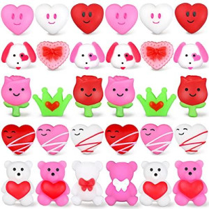 30PCS Valentine Mochi Squishy Toys for Kids Party Favors Valentine Heart Rose Bear Dog Animal Mochi Squishies Stress Relief Toys for Adults Valentine's Day Gift for Kids Classroom Exchange Prizes