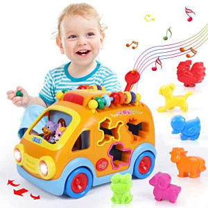Toy Cars for 1 Year Old Boy Gifts Baby Toys 12-18 Months, Musical Learning Toys for Toddlers 1-3, Educational Baby Bus with Animal Blocks, Christmas Birthday Gift for 1 2 3 4 Year Old Boys Girls Kids