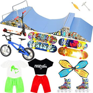 Aestheticism Half-Pipe Ramp Skate Park Kit, Bigger Fingerboard Ramps Set with 11 pcs Finger Toys Set Including Fingerboard, Bike, Scooters, Clothing & Big Non-Slip Mat