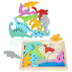 Luvios Dinosaur Toys for Kids 3-5,Wooden Dinosaur Puzzles Montessori Toys for 2 3 4 5 Year Old Boy Girl Toddler,Sensory Stacking Blocks Dinosaur Toys for Kids 2-4,Easter Gifts for 2 Year Old Boys