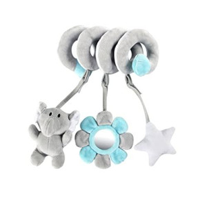 Ymeibe Baby Car Seat Toys, Infant Activity Spiral Plush Toys Hanging Stroller Toys for Baby Girl and Boy with Musical Sheep Rattles with Distorting Mirror (Gray Elephant)