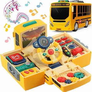 HONGTUO School Bus Toy with Sound and Light, Simulation Steering Wheel Gear Toy, Toddlers School Bus Toys with Music Education Knowledge Simulation Driving Bus Toys, Gift for 1-3-5 Boys & Girls