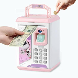 ACOCOKI Kids Electronic Piggy Bank, Mini ATM Piggy Bank for Real Money, Piggy Bank for Boys Girls Toy, Auto Scroll Paper Money Saving Box with Face & Fingerprint Recognition, Password, Lock(Pink)