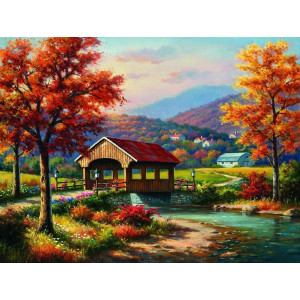 Fun covered Bridge country Fall Autumn Trees Wooden Jigsaw Puzzles Thick Sturdy challenging Party games Activity Toys for Adults Women Men and Kids game Artwork 1000 PcS