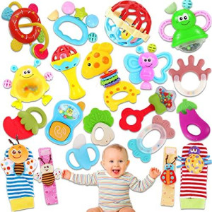 AZEN 20Pcs Baby Rattles Toys for 6-12 Month, Infant Newborn Baby Toys for 6-12 Months, Baby Toys for 6 to 12 Months, Girl Boy Gifts Set with Teethers and Wrist Socks