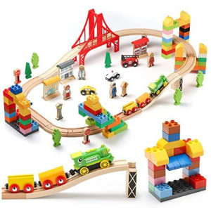 SainSmart Jr. Wooden Train Set with Motorized Train and Fun Blocks, Toddler Wood Train Track with Multiple Features Fits Brio, Thomas, Melissa and Doug for 3 4 5 Years Old Boys and Girls