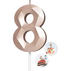 Number Birthday candles(8 candle Rose gold) 3D Diamond Shape Number Happy Birthday cake candles for Birthday Party Wedding Decoration Reunions Theme Party