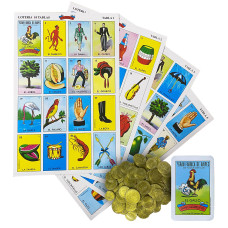 Loteria Mexicana Tradicional Jumbo Don clemente para 10 Jugadores con 100 Monedas - Jumbo Size Mexican Bingo Set with 100 counting chips Plastic coins for 10 Players with Deck of cards and Boards