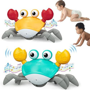 2 Pcs Crawling Crab Baby Toys, Crawling Toy with Music & Light Tummy Time Interactive Toddler Toy Automatically Avoid Obstacles for Boys or Girls