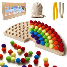 Tuiiopoli Wooden Rainbow Peg Board Counting Matching Beads Game Color Sorting Fine Motor Skill Montessori Toys for Toddlers Kids 345 Gift Years Preschool Learning Toys (Medium Size)
