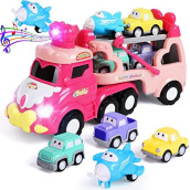 5 in 1 Transport Toy Trucks for Toddlers 1-3, Pink Princess Girl Car Toys with Lights & Music Cars for Toddlers 1-3 Girls Toys, Carrier Truck Cars Cartoon Vehicles Girl Gifts Birthday for Baby Girls