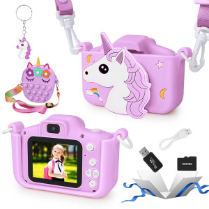 Kids camera Unicorn camera for Kids 3 4 5 6 7 8 Year Old girls, Kids Digital camera for Toddler with Video, christmas Birthday gifts for Kids, Selfie camera for Kids, 32gB SD card (Purple)
