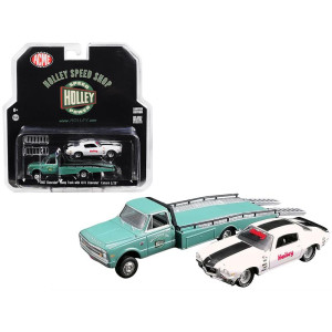 1967 chevrolet Ramp Truck Turquoise and 1971 chevrolet camaro Z28 White with Black Stripe Holley Speed Shop Acme Exclusive 164 Diecast Model cars by greenlight for Acme