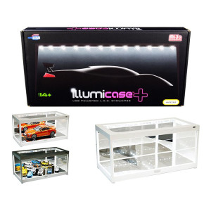 White collectible Display Show case Illumicase+ with LED Lights and Mirror Base and Back for 164 143 132 124 118 Scale Models by Illumibox