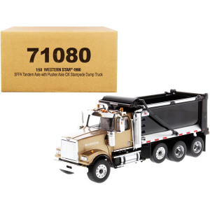 Western Star 4900 SFFA Tandem with Pusher Axle OX Stampede Dump Truck gold and Black Transport Series 150 Diecast Model by Diecast Masters