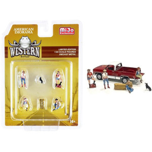 Western Style 6 piece Diecast Set (4 Figurines and 2 Accessories) for 164 Scale Models by American Diorama
