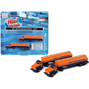 1954 Ford Tanker Truck Orange and Blue gulf Oil Set of 2 pieces 1160 (N) Scale Models by classic Metal Works