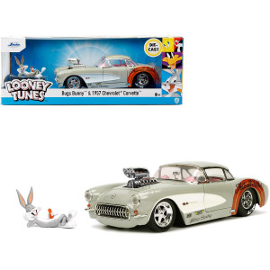 1957 chevrolet corvette Beige with Pink Interior with Bugs Bunny Figure Looney Tunes Hollywood Rides Series 124 Diecast Model car by Jada