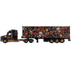 Western Star 49X with 40 Ft container Dia de los Muertos (Day of the Dead) Black with graphics 164 Diecast Model by True Scale Miniatures