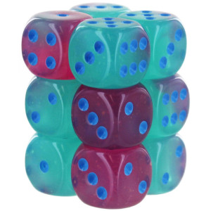 16 mm D6 cube gemini Luminary gel green & Pink Dice with Blue Pips&44 Pack of 12