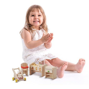 Plantoys Nursery - Wooden Dollhouse Accessories Featuring Baby Figure, Stroller, And Furniture Pieces.