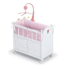 Badger Basket Toy Doll Bed - Wood Doll Crib Bassinet With Bedding And Storage, Fits 22 Inch Dolls, White/Pink Gingham