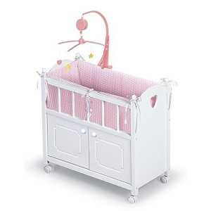 Badger Basket Cabinet Doll Crib With Gingham Bedding, Musical Mobile, Wheels, And Free Personalization Kit (Fits American Girl Dolls), White/Gingham (01721)