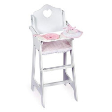 Badger Basket Doll High Chair Toy For 18 Inch Dolls With Accessories, Wooden Pretend Play Personalized High Chair For Dolls, White/Pink/Gingham