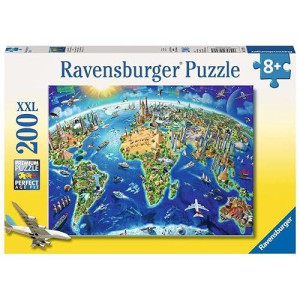 Ravensburger 12722 Groe, Weite Welt Teile Xxl Kinderpuzzle Fr Kinder Ab 8 Jahren World Landmarks Map 200 Jigsaw Puzzle With Extra Large Pieces For Kids Age 8 Years And Up, Grey, 2X