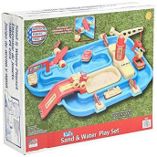 American Plastic Toys Kids Sand And Water Playset, One-Piece Industrial Waterway With Wave Maker And Sandpit, 360-Degree Rotating Crane, Fun Outdoor Toy For Little Industrialists, For Kids 18 Months+ , Red