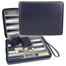 WE Games Magnetic Backgammon Set with Navy Blue Leatherette Case and Carrying Strap - Travel Size