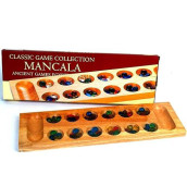 Hansen Classic Games Mancala With Glass Beads - 17.72" Game Board And Smooth Glass Stones - 00205
