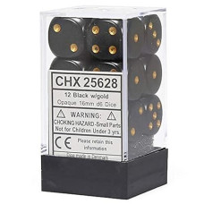 chessex Manufacturing 25628 Opaque Black With gold - 16 mm Six Sided Dice Set Of 12