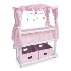 Badger Basket Toy Doll Bed With Storage Baskets, Gingham Bedding, And Musical Mobile For 22 Inch Dolls - White/Pink